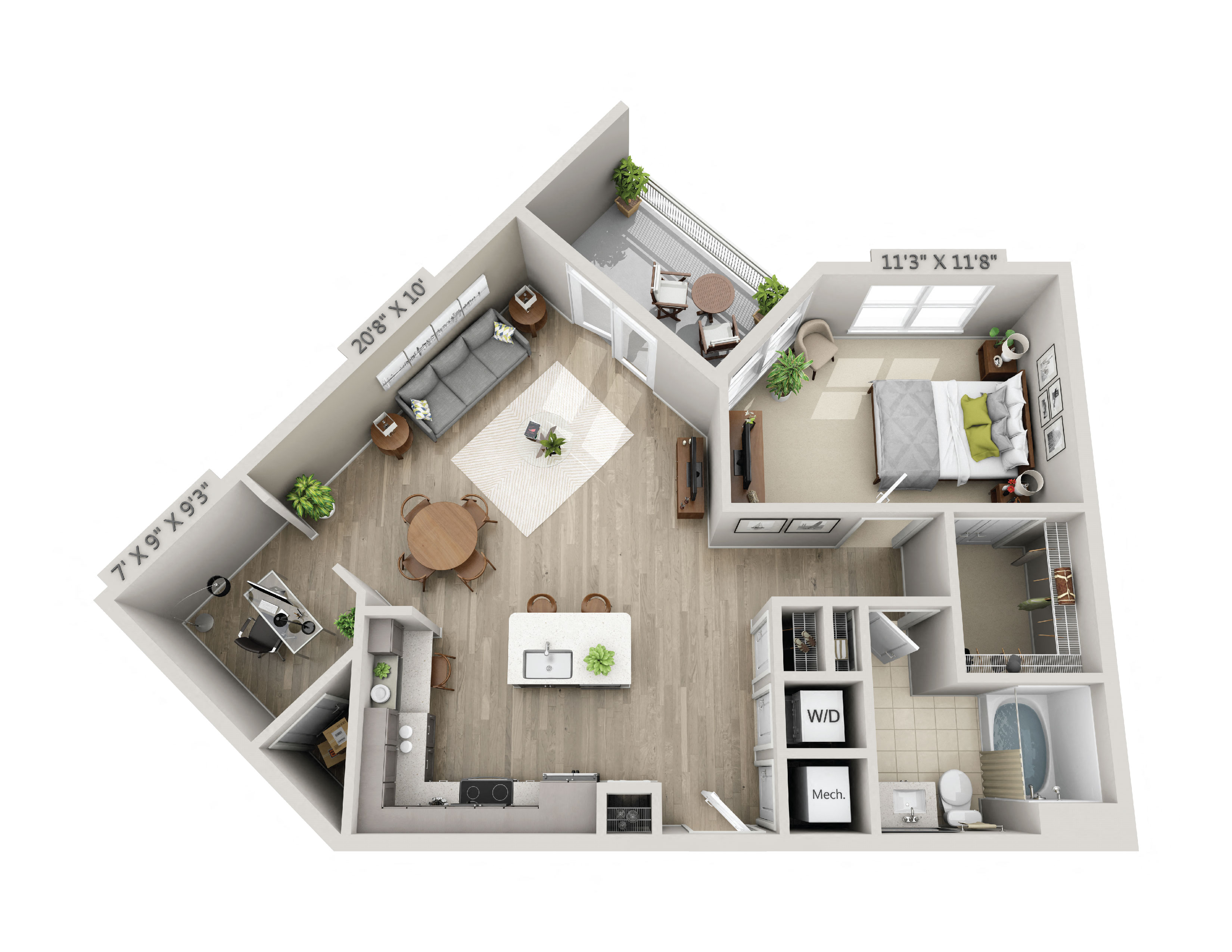 Floor plan for 1 bed, 1 bath, 956 sqft